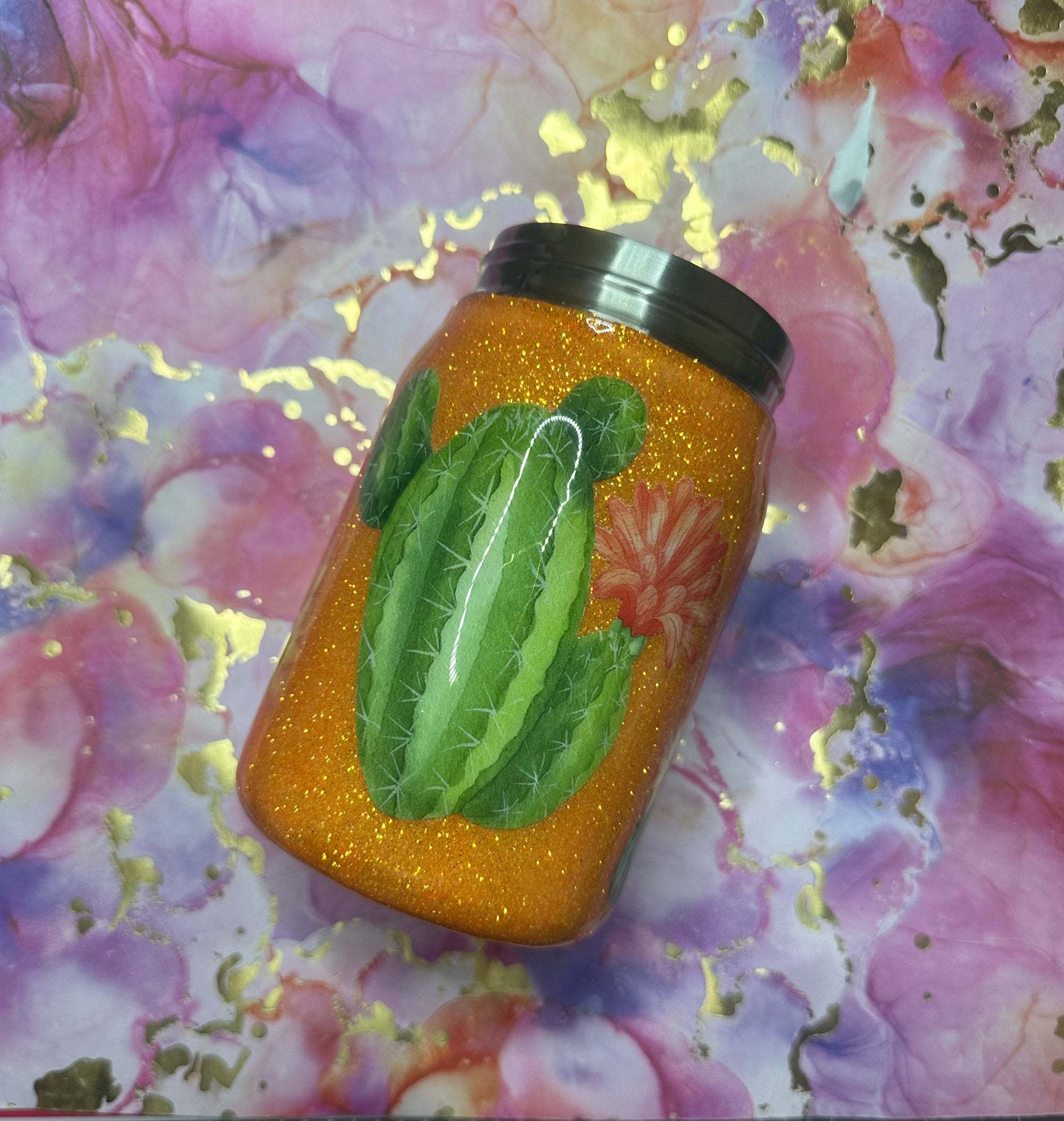 Orange Glitter Cactus Tumbler