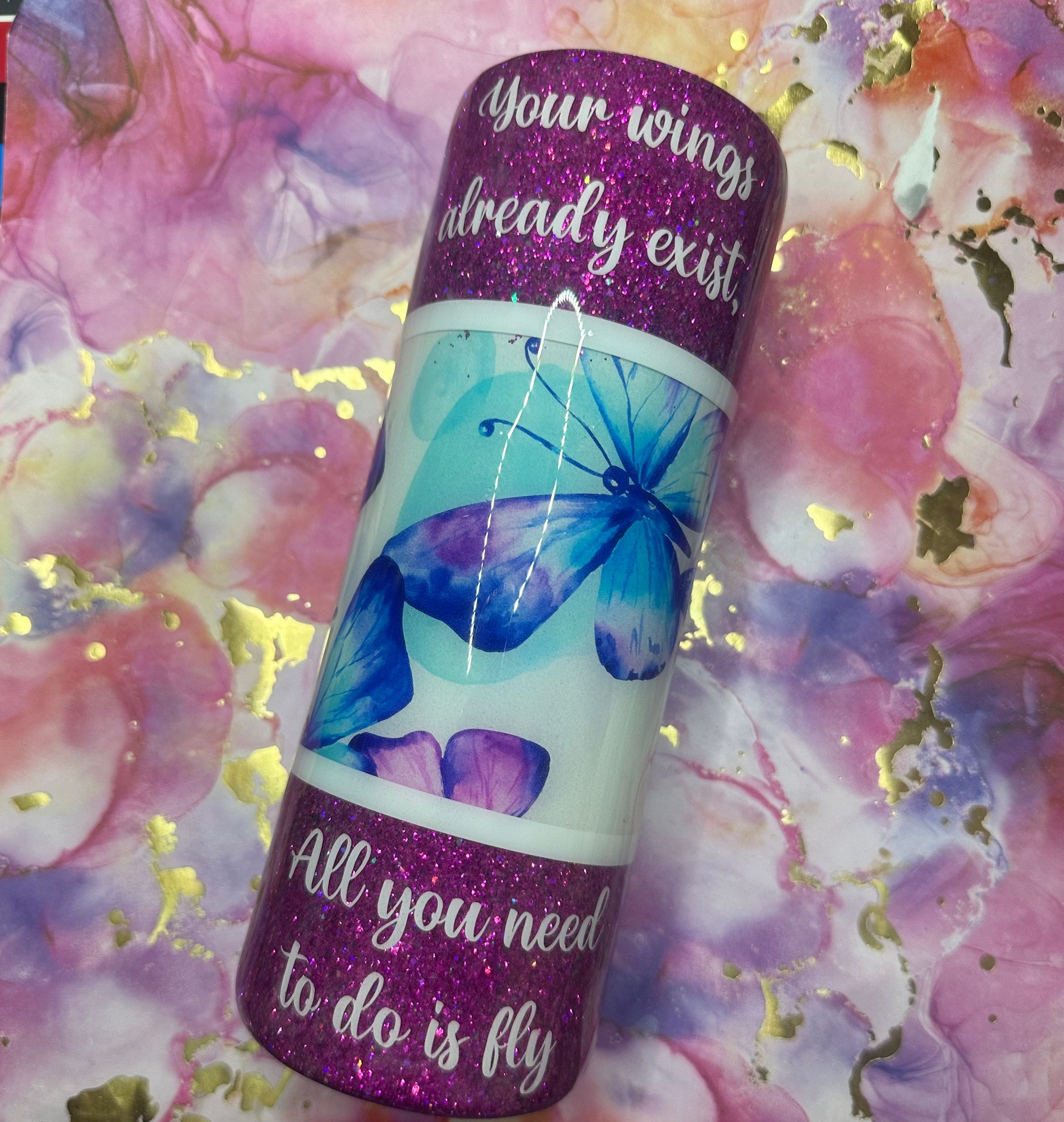 "Your Wings Already Exist" Purple Glitter Tumbler